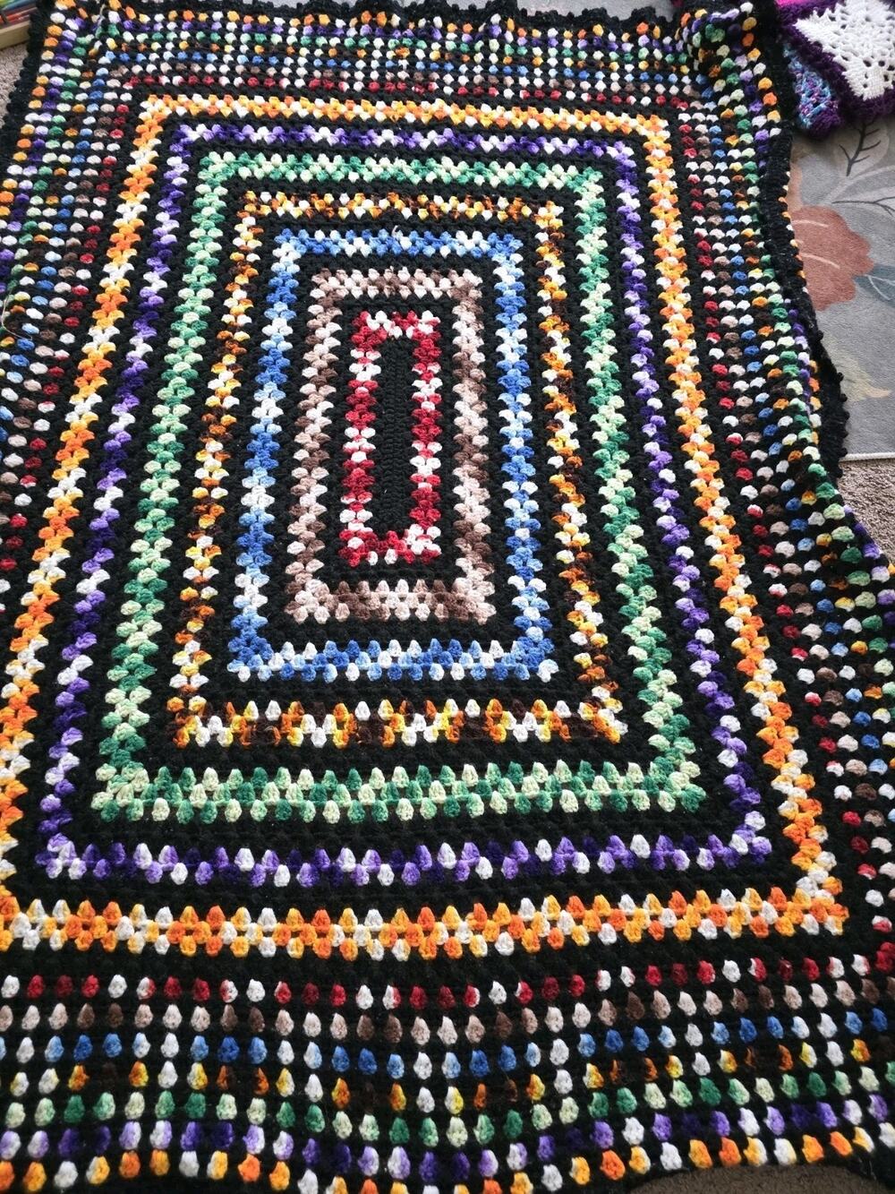 Vintage Crochet Granny Square Afghan Blanket Colorful Throw 70s Retro 67"x49"